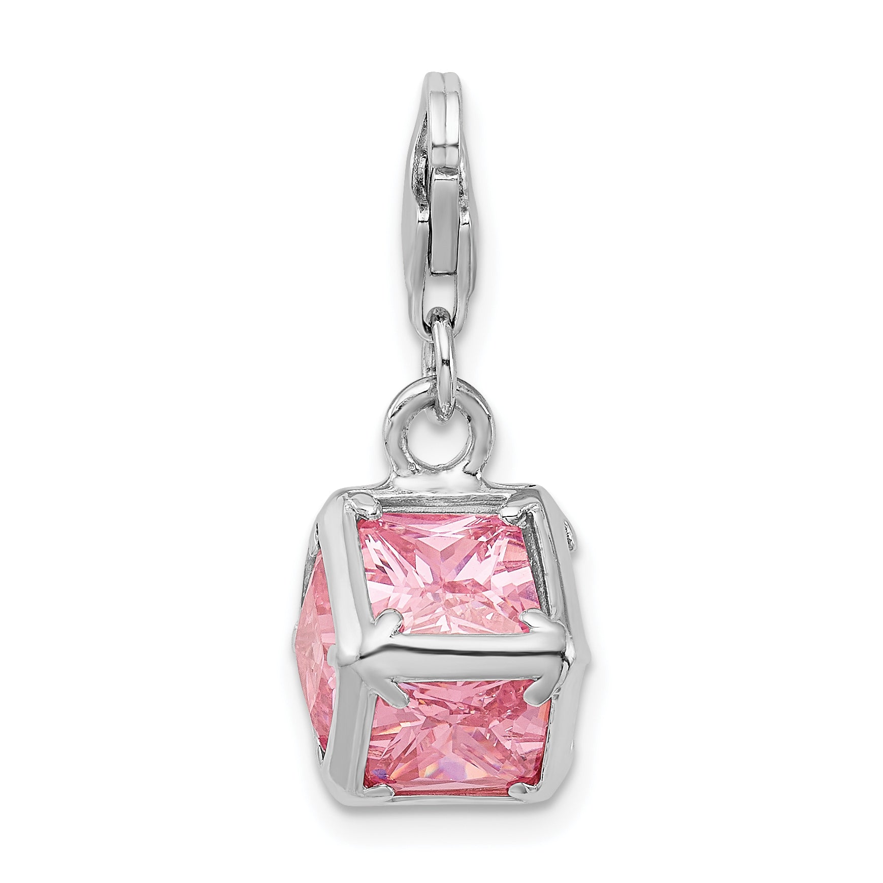 Sterling Silver Amore La Vita Rhodium-Plated Polished 3-D Pink Cz Cube Charm With Fancy Lobster Clasp