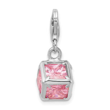 Sterling Silver Amore La Vita Rhodium-Plated Polished 3-D Pink Cz Cube Charm With Fancy Lobster Clasp