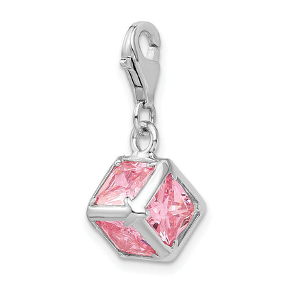 Sterling Silver Amore La Vita Rhodium-Plated Polished 3-D Pink Cz Cube Charm With Fancy Lobster Clasp