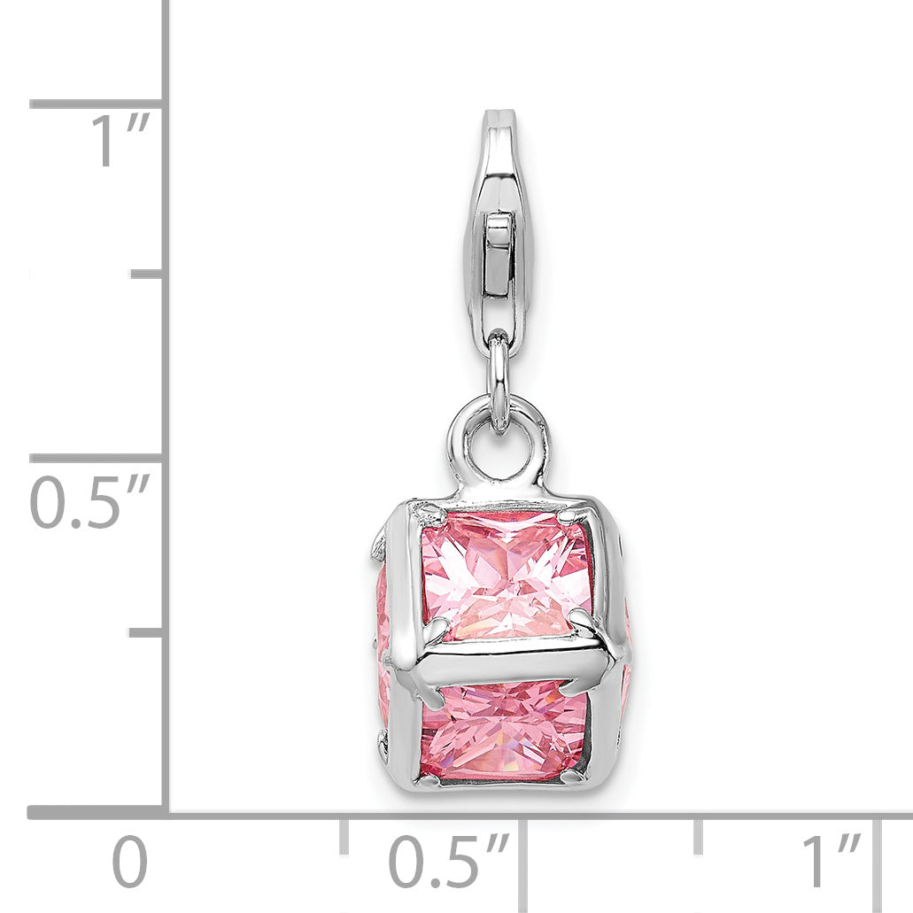 Sterling Silver Amore La Vita Rhodium-Plated Polished 3-D Pink Cz Cube Charm With Fancy Lobster Clasp