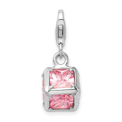 Sterling Silver Amore La Vita Rhodium-Plated Polished 3-D Pink Cz Cube Charm With Fancy Lobster Clasp