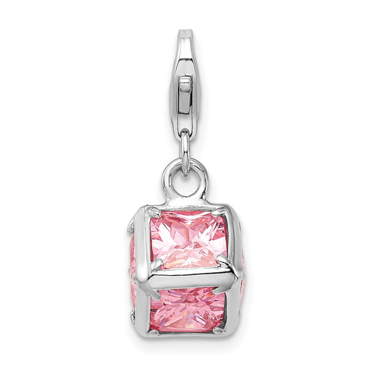 Sterling Silver Amore La Vita Rhodium-Plated Polished 3-D Pink Cz Cube Charm With Fancy Lobster Clasp