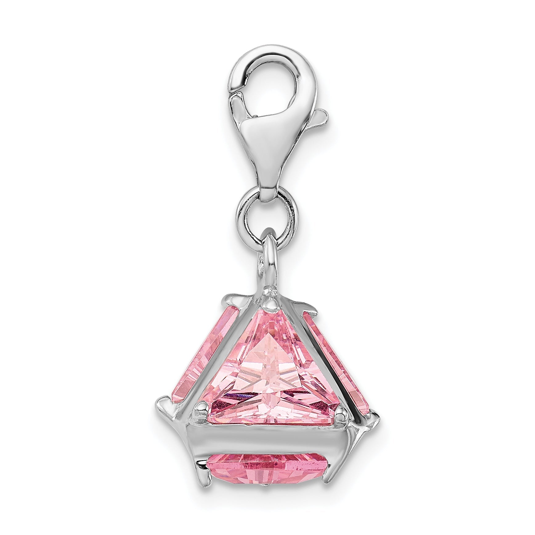 Sterling Silver Amore La Vita Rhodium-Plated Polished 3-D Pink Cz Charm With Fancy Lobster Clasp