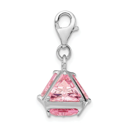 Sterling Silver Amore La Vita Rhodium-Plated Polished 3-D Pink Cz Charm With Fancy Lobster Clasp