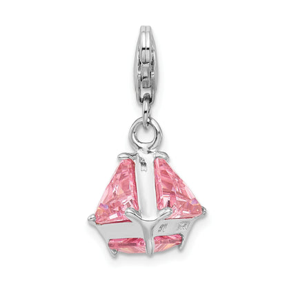 Sterling Silver Amore La Vita Rhodium-Plated Polished 3-D Pink Cz Charm With Fancy Lobster Clasp