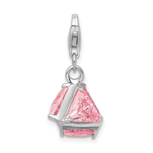 Sterling Silver Amore La Vita Rhodium-Plated Polished 3-D Pink Cz Charm With Fancy Lobster Clasp