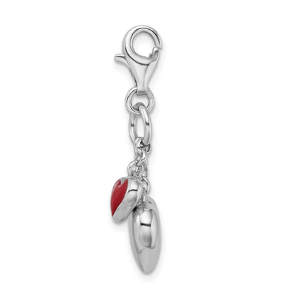 Sterling Silver Amore La Vita Rhodium-Plated Polished 3-D Red Enameled Double Heart Charm With Fancy Lobster Clasp