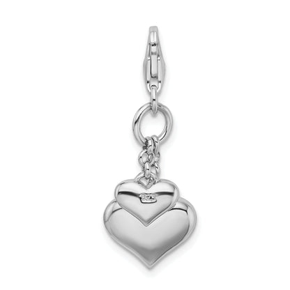 Sterling Silver Amore La Vita Rhodium-Plated Polished 3-D Red Enameled Double Heart Charm With Fancy Lobster Clasp