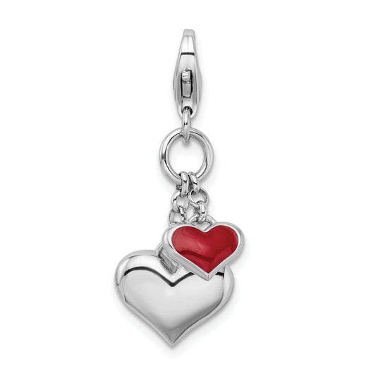 Sterling Silver Amore La Vita Rhodium-Plated Polished 3-D Red Enameled Double Heart Charm With Fancy Lobster Clasp