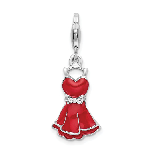 Sterling Silver Rhodium-Plated Cz Enameled Dress W/Lobster Clasp Charm
