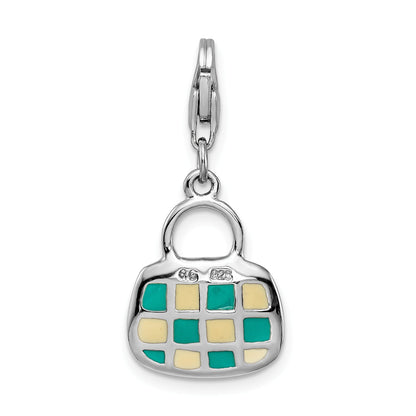 Sterling Silver Amore La Vita Rhodium-Plated Polished 3-D Enameled Purse Charm With Fancy Lobster Clasp