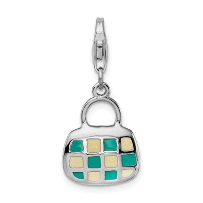 Sterling Silver Amore La Vita Rhodium-Plated Polished 3-D Enameled Purse Charm With Fancy Lobster Clasp