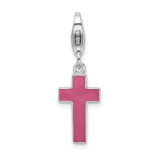 Sterling Silver Amore La Vita Rhodium-Plated Polished Enameled Cross Charm With Fancy Lobster Clasp