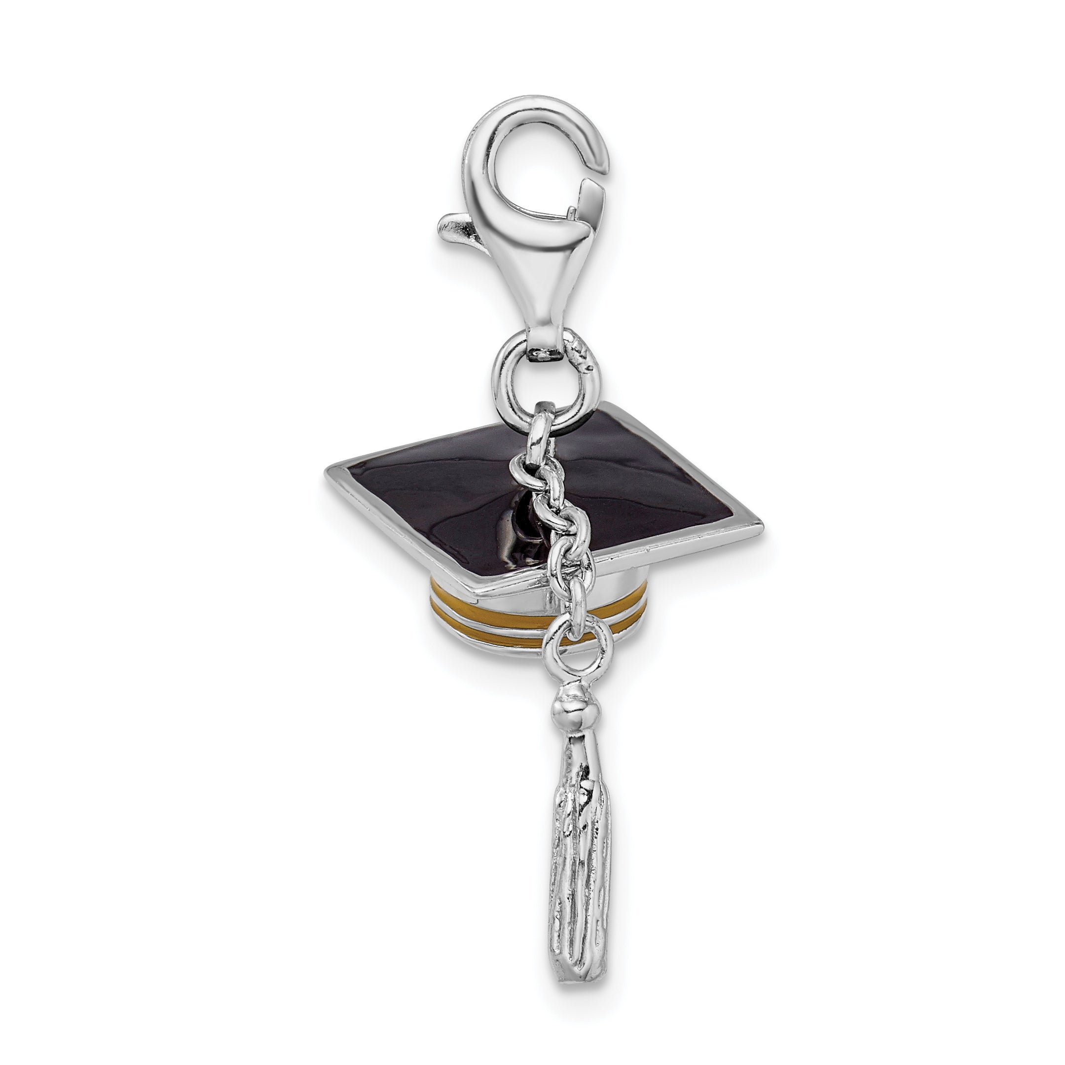 Sterling Silver Amore La Vita Rhodium-Plated And Gold-Tone Polished 3-D Moveable Enameled Graduation Cap Tassel Charm With Fancy Lobster Clasp