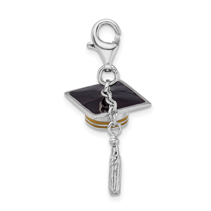 Sterling Silver Amore La Vita Rhodium-Plated And Gold-Tone Polished 3-D Moveable Enameled Graduation Cap Tassel Charm With Fancy Lobster Clasp