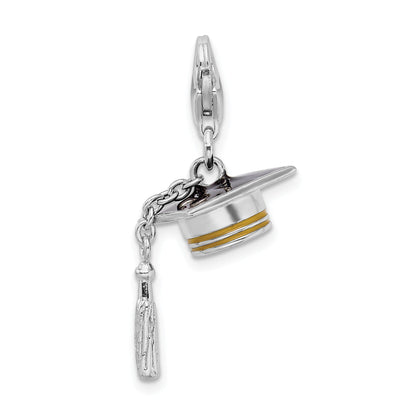 Sterling Silver Amore La Vita Rhodium-Plated And Gold-Tone Polished 3-D Moveable Enameled Graduation Cap Tassel Charm With Fancy Lobster Clasp