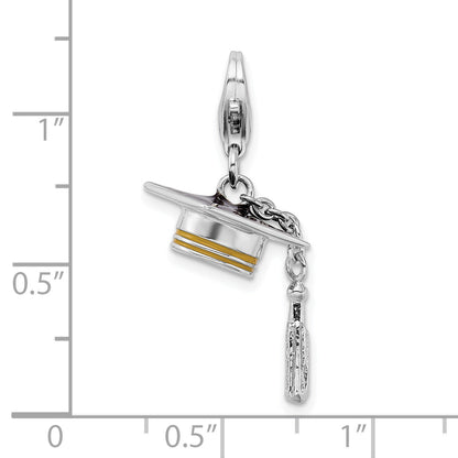 Sterling Silver Amore La Vita Rhodium-Plated And Gold-Tone Polished 3-D Moveable Enameled Graduation Cap Tassel Charm With Fancy Lobster Clasp