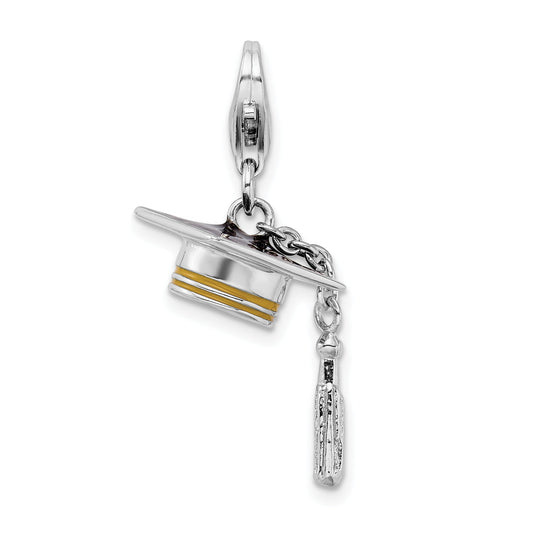 Sterling Silver Amore La Vita Rhodium-Plated And Gold-Tone Polished 3-D Moveable Enameled Graduation Cap Tassel Charm With Fancy Lobster Clasp