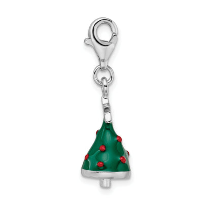 Sterling Silver Amore La Vita Rhodium-Plated Polished 3-D Enameled Christmas Tree Charm With Fancy Lobster Clasp