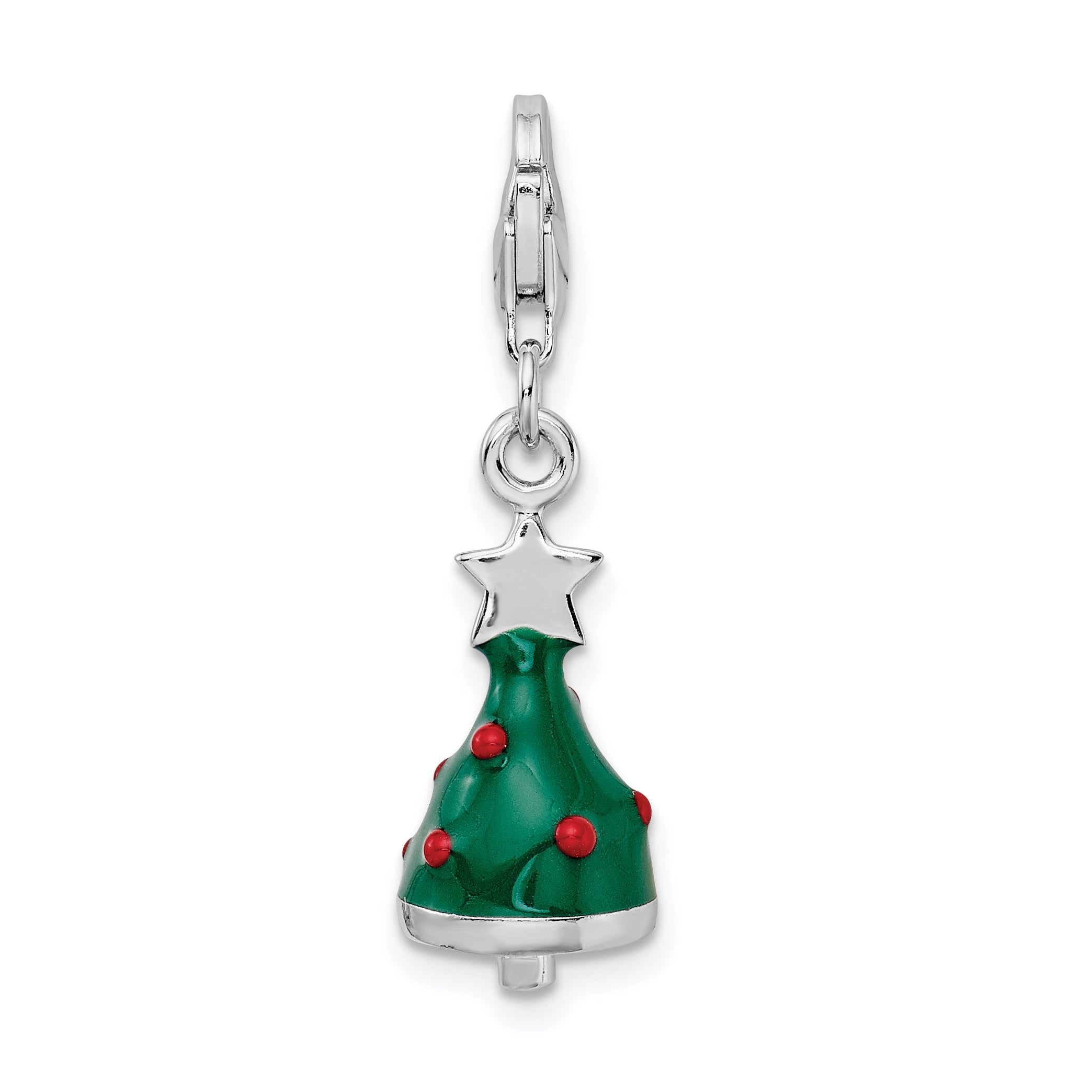 Sterling Silver Amore La Vita Rhodium-Plated Polished 3-D Enameled Christmas Tree Charm With Fancy Lobster Clasp