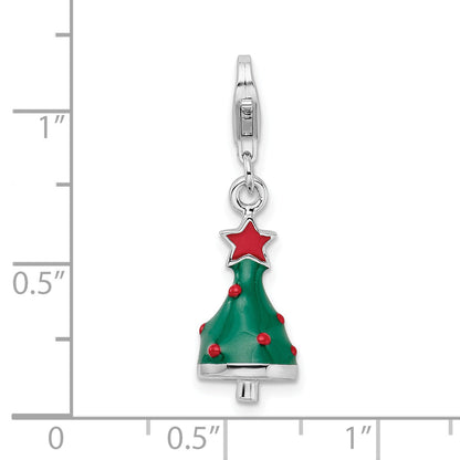 Sterling Silver Amore La Vita Rhodium-Plated Polished 3-D Enameled Christmas Tree Charm With Fancy Lobster Clasp