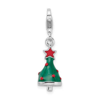 Sterling Silver Amore La Vita Rhodium-Plated Polished 3-D Enameled Christmas Tree Charm With Fancy Lobster Clasp