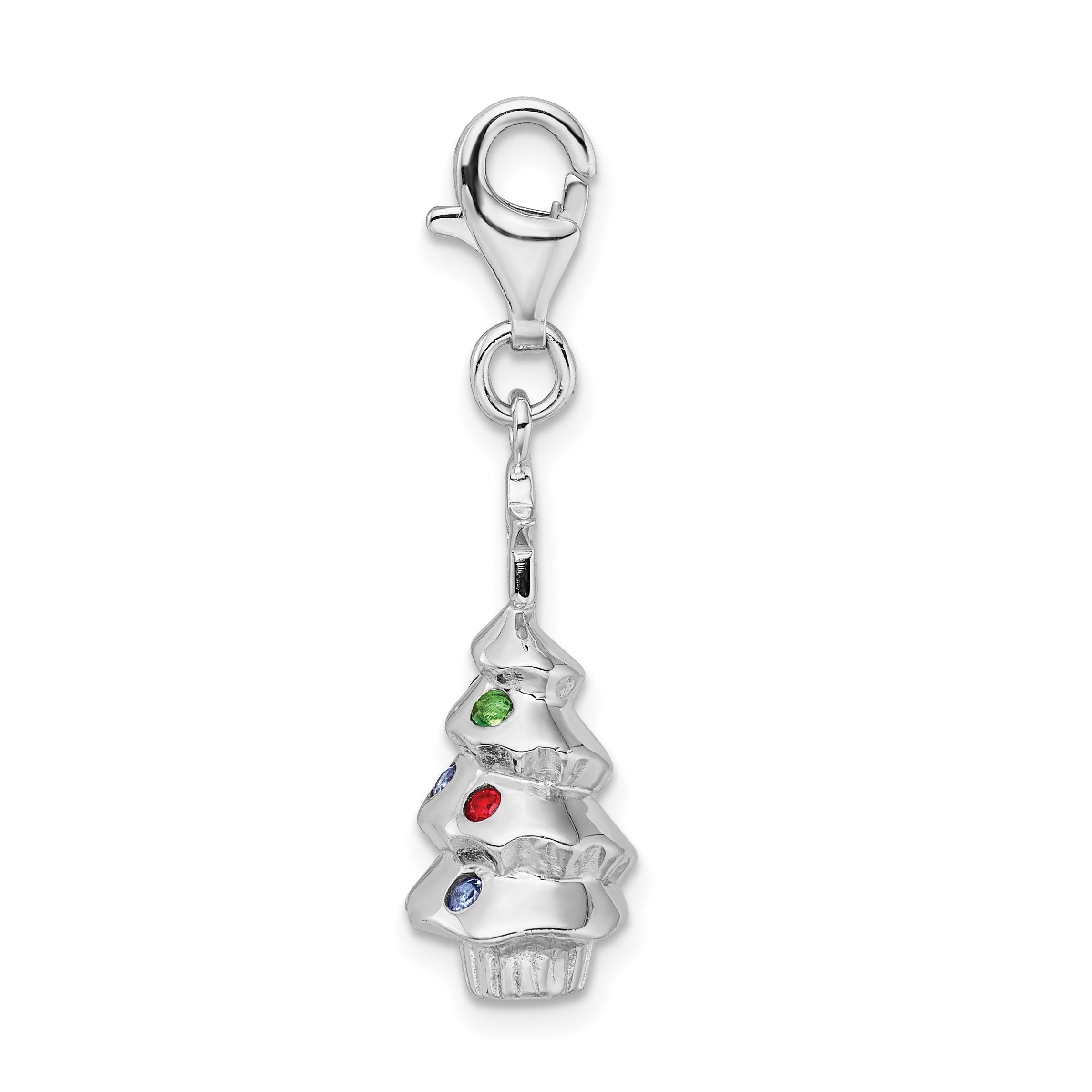Sterling Silver Amore La Vita Rhodium-Plated Polished 3-D Multi-Colored Glass Stone Tree Charm With Fancy Lobster Clasp