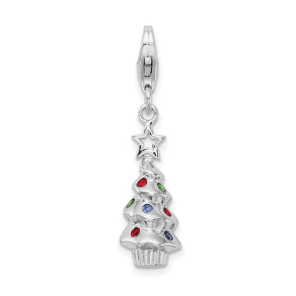 Sterling Silver Amore La Vita Rhodium-Plated Polished 3-D Multi-Colored Glass Stone Tree Charm With Fancy Lobster Clasp