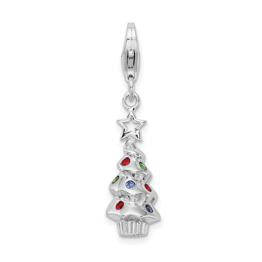 Sterling Silver Amore La Vita Rhodium-Plated Polished 3-D Multi-Colored Glass Stone Tree Charm With Fancy Lobster Clasp