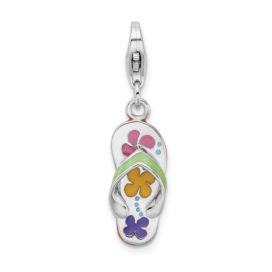 Sterling Silver Amore La Vita Rhodium-Plated Polished 3-D Enameled Flip-Flop Charm With Fancy Lobster Clasp