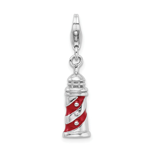 Sterling Silver Amore La Vita Rhodium-Plated Polished 3-D Enameled Lighthouse Charm With Fancy Lobster Clasp