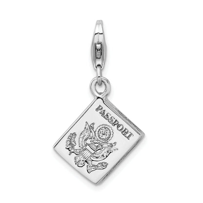 Sterling Silver Amore La Vita Rhodium-Plated Polished 3-D Passport Charm With Fancy Lobster Clasp