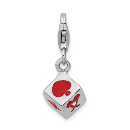 Sterling Silver Rhodium-Plated 3-D Enameled Die W/Lobster Clasp Charm