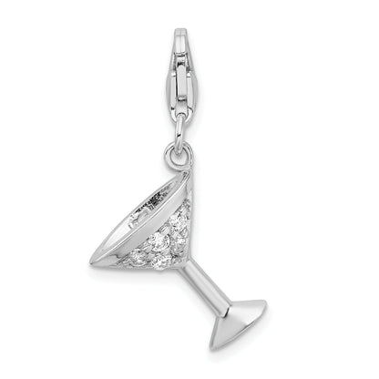 Sterling Silver Amore La Vita Rhodium-Plated Polished 3-D Cz Martini Glass Charm With Fancy Lobster Clasp