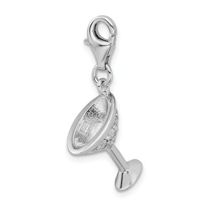 Sterling Silver Amore La Vita Rhodium-Plated Polished 3-D Cz Martini Glass Charm With Fancy Lobster Clasp