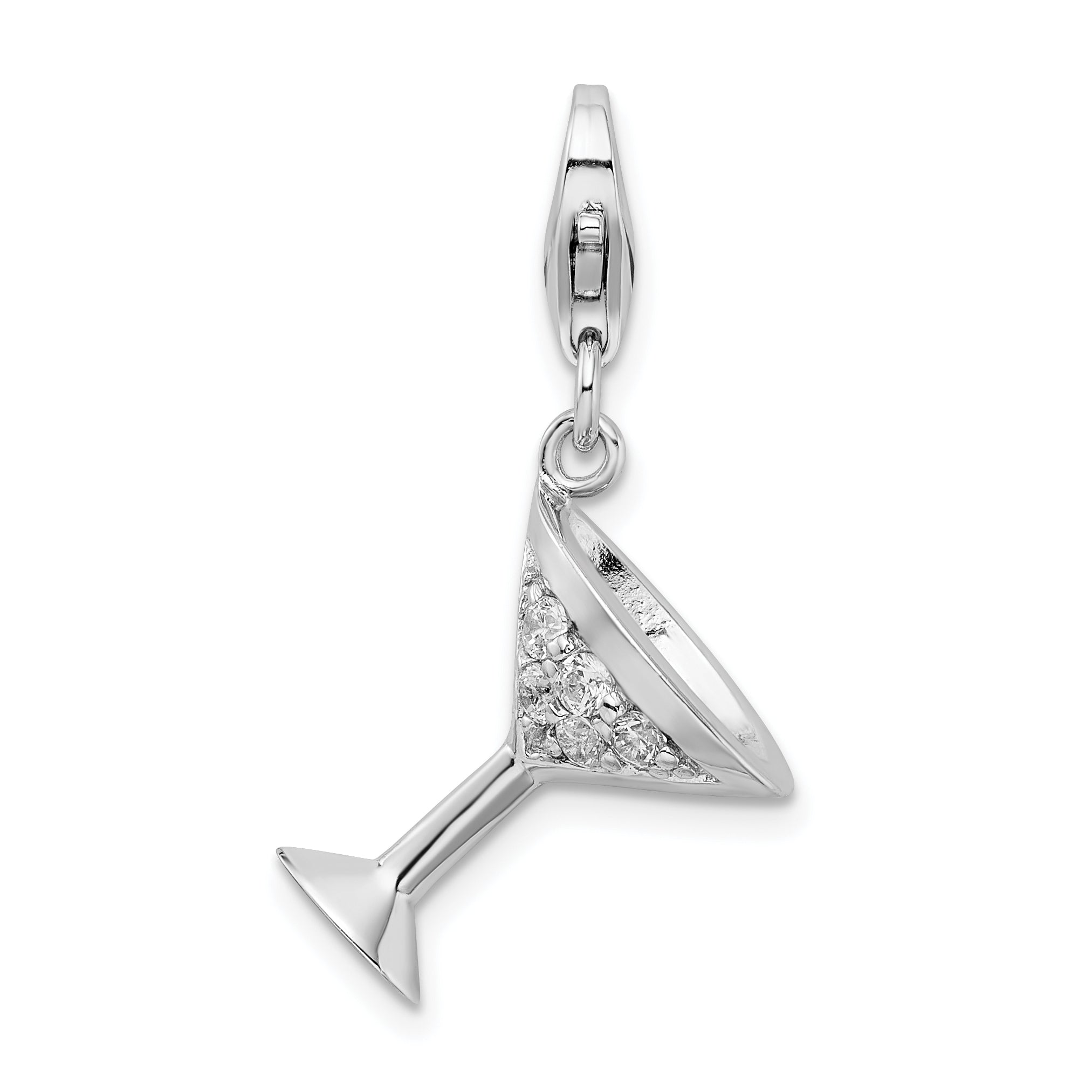 Sterling Silver Amore La Vita Rhodium-Plated Polished 3-D Cz Martini Glass Charm With Fancy Lobster Clasp