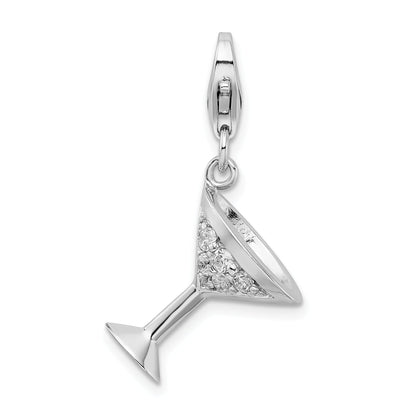 Sterling Silver Amore La Vita Rhodium-Plated Polished 3-D Cz Martini Glass Charm With Fancy Lobster Clasp