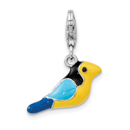Sterling Silver Amore La Vita Rhodium-Plated Polished 3-D Enameled Bird Charm With Fancy Lobster Clasp