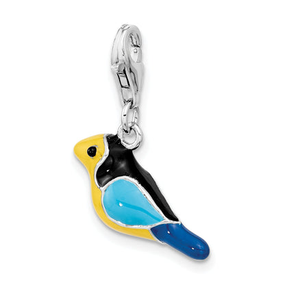 Sterling Silver Amore La Vita Rhodium-Plated Polished 3-D Enameled Bird Charm With Fancy Lobster Clasp