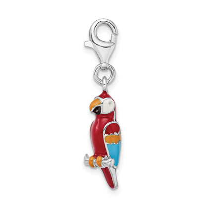 Sterling Silver Amore La Vita Rhodium-Plated Polished 3-D Enameled Parrot Charm With Fancy Lobster Clasp