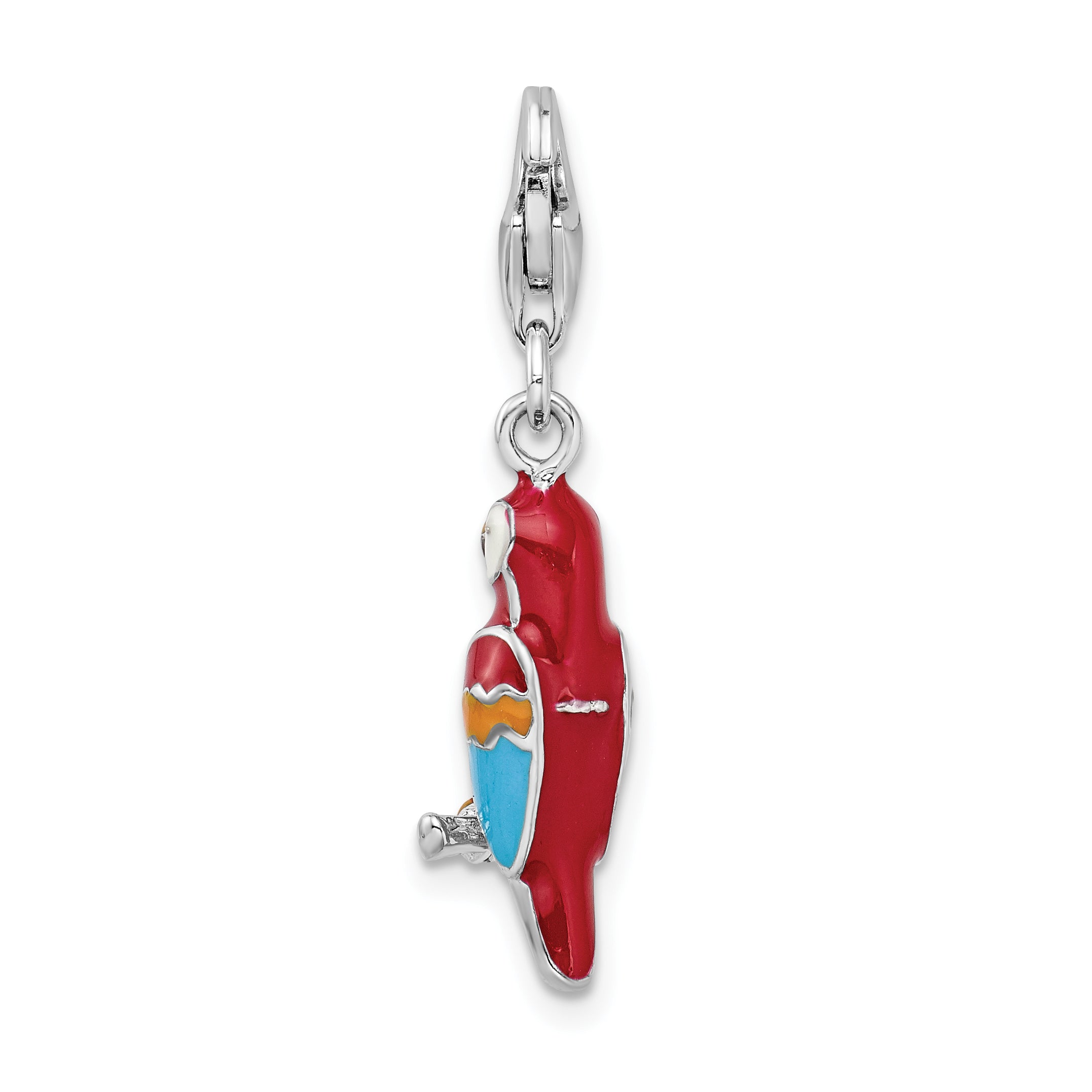 Sterling Silver Amore La Vita Rhodium-Plated Polished 3-D Enameled Parrot Charm With Fancy Lobster Clasp