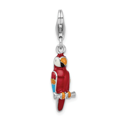 Sterling Silver Amore La Vita Rhodium-Plated Polished 3-D Enameled Parrot Charm With Fancy Lobster Clasp