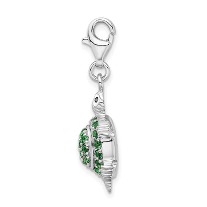 Sterling Silver Amore La Vita Rhodium-Plated Polished 3-D Cz Green Turtle Charm With Fancy Lobster Clasp