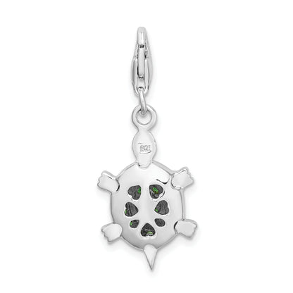 Sterling Silver Amore La Vita Rhodium-Plated Polished 3-D Cz Green Turtle Charm With Fancy Lobster Clasp
