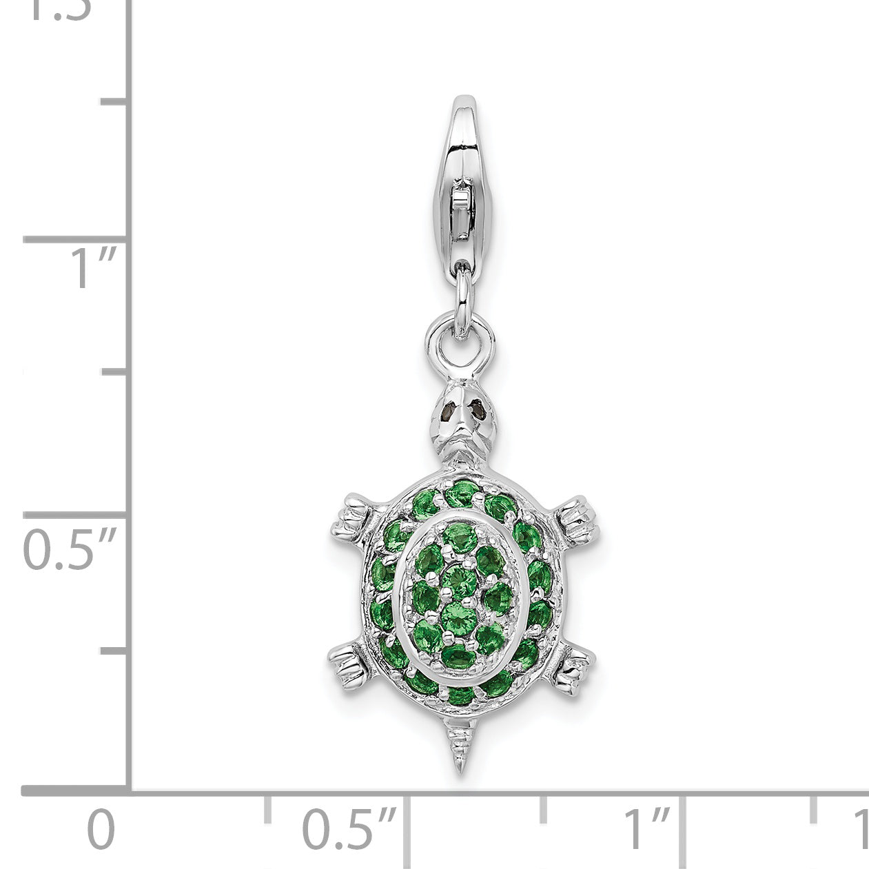 Sterling Silver Amore La Vita Rhodium-Plated Polished 3-D Cz Green Turtle Charm With Fancy Lobster Clasp