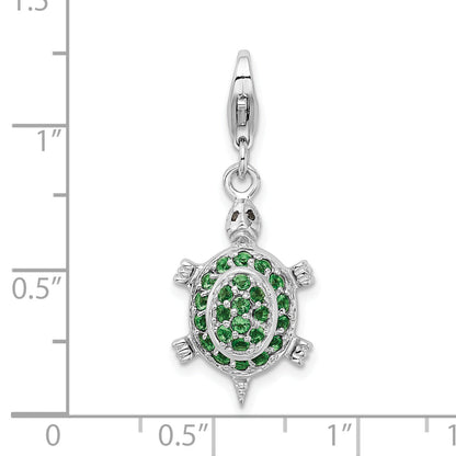 Sterling Silver Amore La Vita Rhodium-Plated Polished 3-D Cz Green Turtle Charm With Fancy Lobster Clasp