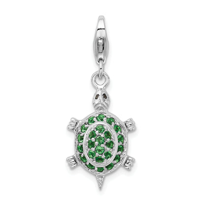 Sterling Silver Amore La Vita Rhodium-Plated Polished 3-D Cz Green Turtle Charm With Fancy Lobster Clasp