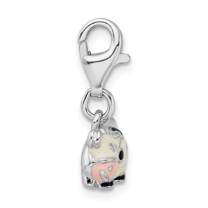 Sterling Silver Amore La Vita Rhodium-Plated Polished 3-D Enameled Cow Charm With Fancy Lobster Clasp