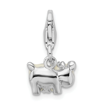 Sterling Silver Amore La Vita Rhodium-Plated Polished 3-D Enameled Cow Charm With Fancy Lobster Clasp