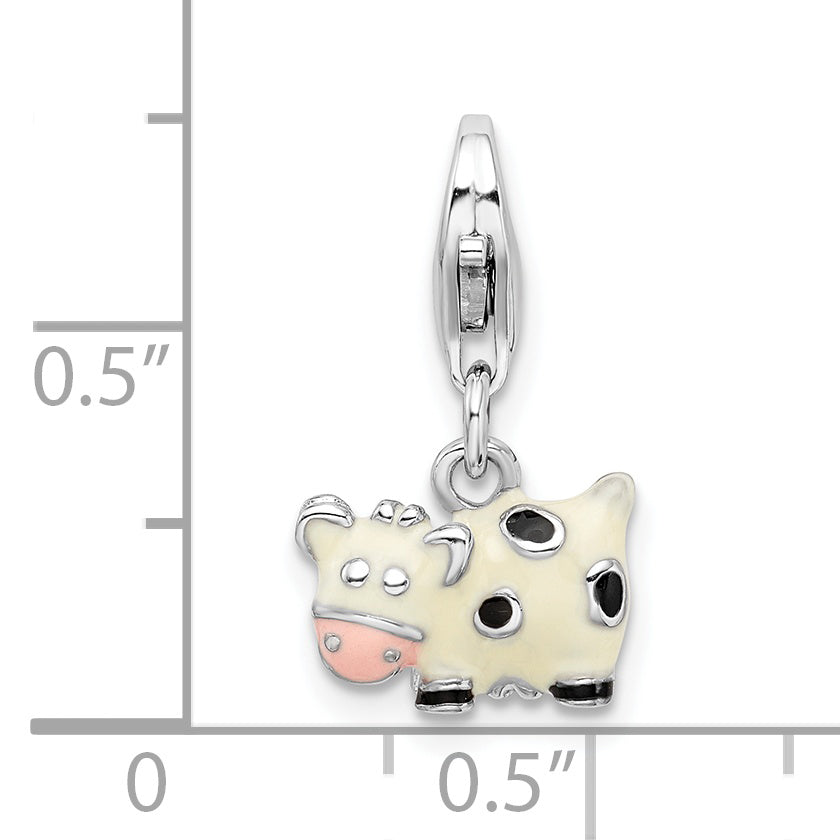 Sterling Silver Amore La Vita Rhodium-Plated Polished 3-D Enameled Cow Charm With Fancy Lobster Clasp